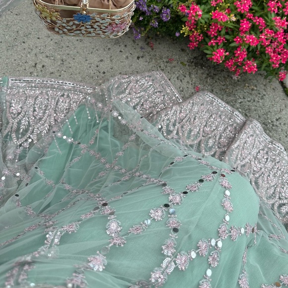 Elegant Blue, Silver, & Pearl Embroidered Anarkali - Picture 4 of 12